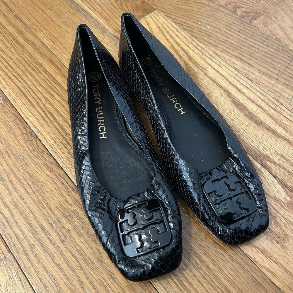 Tory Burch Black Leather Croc Embossed Ballet Flats Slip On Shoes Size 8.5